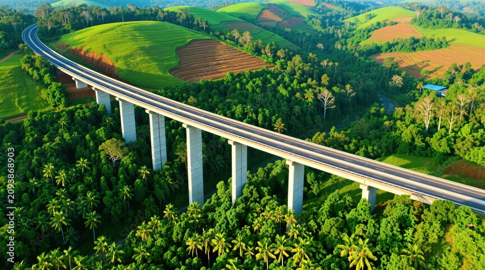 Fototapeta premium Aerial view of modern elevated highway bridge spanning across tropical valley with rich forest, green hills. Empty asphalt road construction winds through nature landscape. Infrastructure project