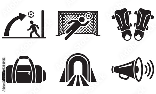 Photos Set of soccer icons including player, goalkeeper, shin guards, sports bag, stadi