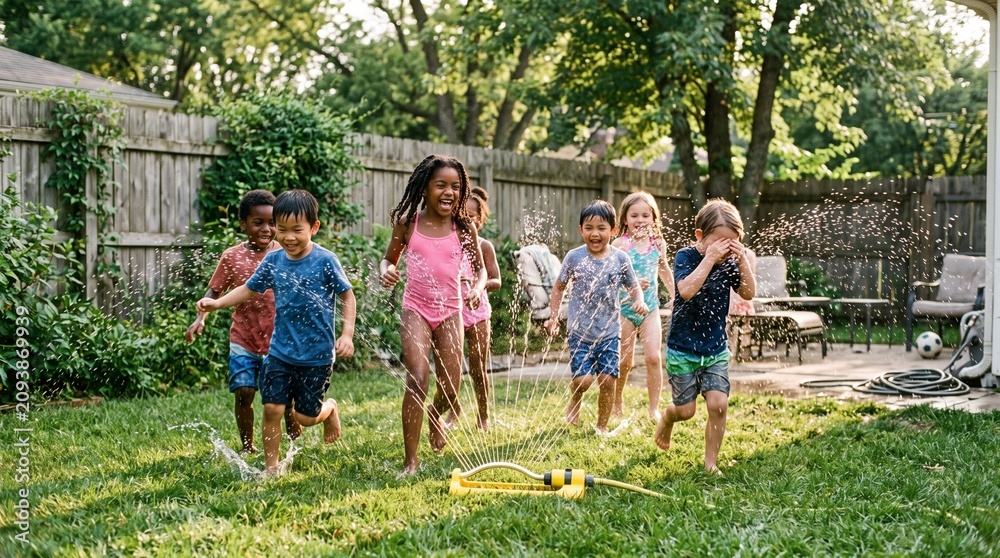 Fototapeta premium Diverse group of happy children playing in a sprinkler on a sunny summer day in a backyard