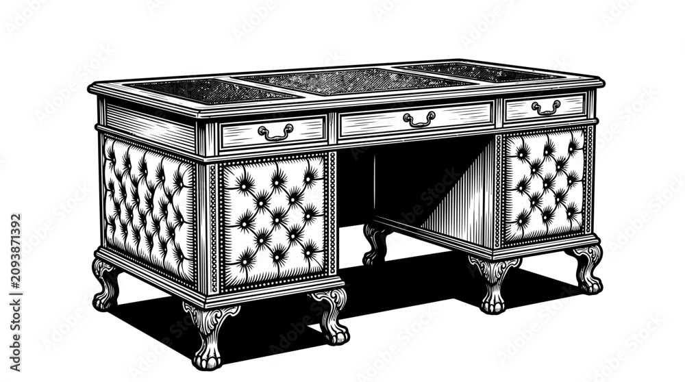 Obraz premium Executive antique desk with tufted leather side panels.