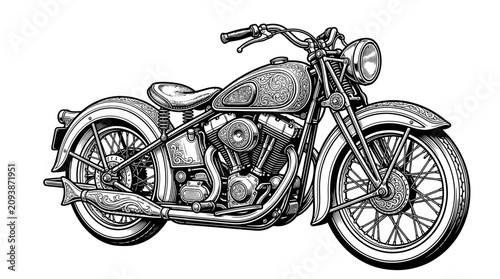 Photos Vintage cruiser motorcycle black and white line art.