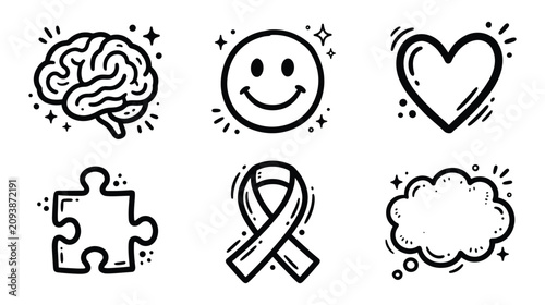 Cuadro en lienzo Mental Health Awareness Vector Doodle Icon Set: Hand Drawn Psychology Symbols Fe