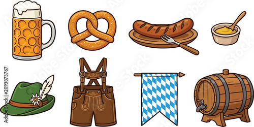 Canvastavla Traditional Oktoberfest Bavarian Icon Set with Detailed German Beer Mug, Pretzel