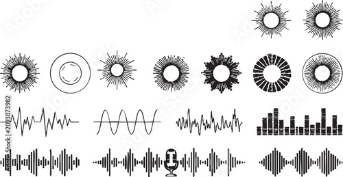 Foto Vector sound wave and audio effect icons set with sunburst designs and equalizer