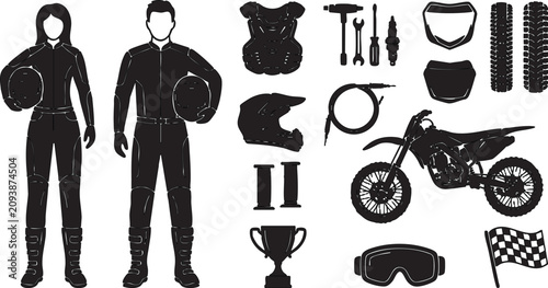 Fotografía Motorcycle racing vector illustration with riders, bike parts, and accessories, including helmets, gloves, tools, and a checkered flag, for design and graphic use