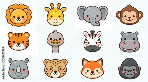 Canvas Print Cute cartoon zoo animal faces collection