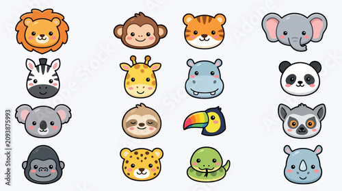 Photography Cute cartoon zoo animal faces collection