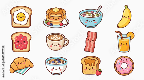 Cute kawaii breakfast food icons