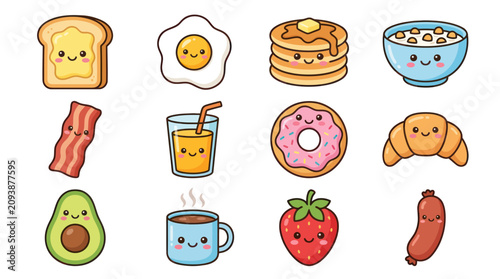 Cute kawaii breakfast food icons