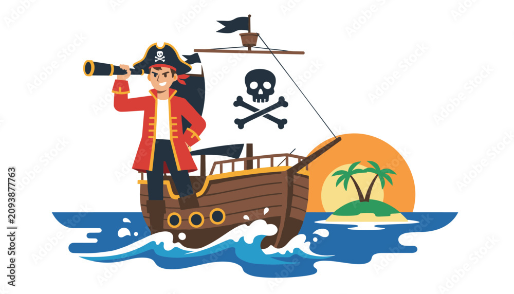 Fototapeta premium Brave cartoon pirate captain standing on wooden sailing ship looking through telescope near desert island.