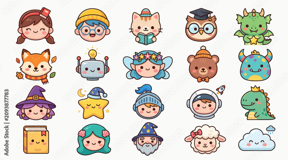 Fototapeta premium Cute kawaii character collection