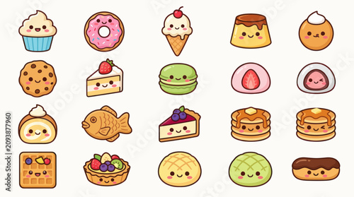 Cute kawaii dessert collection icon set