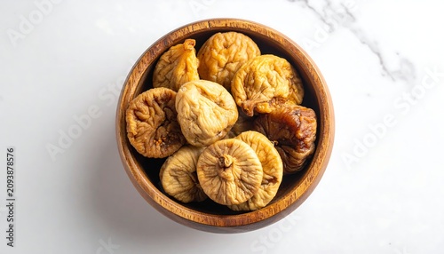 A wooden bowl filled with dry fruits on a white marble surface