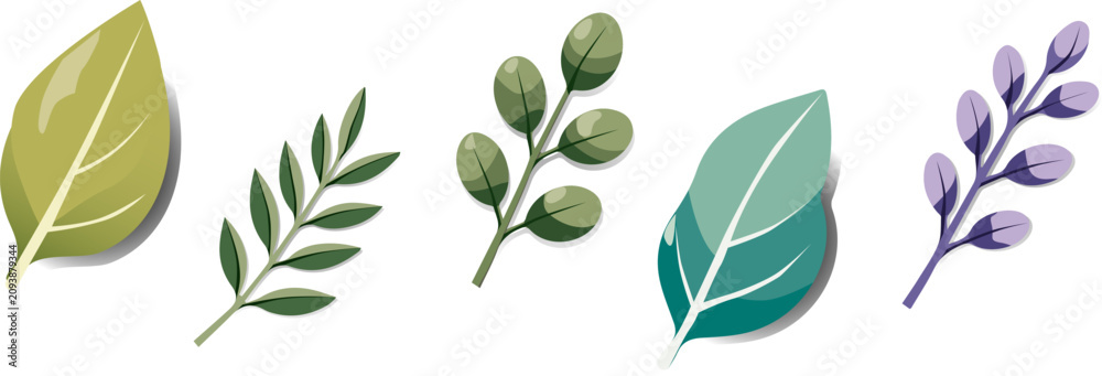 Foto Five distinct illustrated leaves and branches