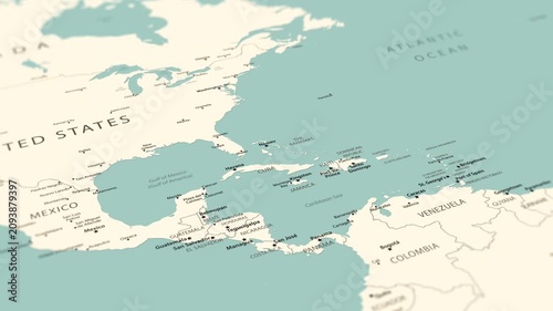 Cuba on a detailed political map of the Caribbean and Central America. Smooth camera movement focuses on the island, Havana, surrounding seas, nearby coastlines and regional geography.