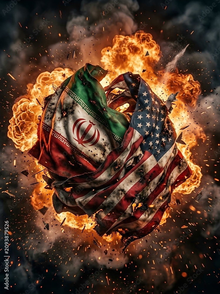 Fototapeta premium Political conflict, economic sanctions, nuclear disputes, and the risk of war between USA and Iran. Middle East security, nuclear negotiations, regional instability, strategic rivalry