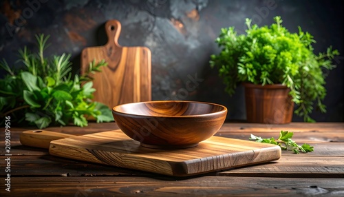 A wooden bowl on a cutting board with herbs and a rustic background