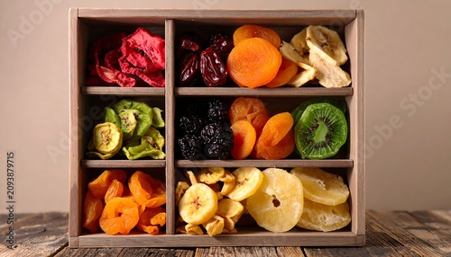 A wooden box containing various dried fruits arranged in separate compartments