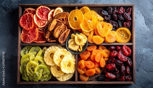 A wooden box filled with assorted dried fruits