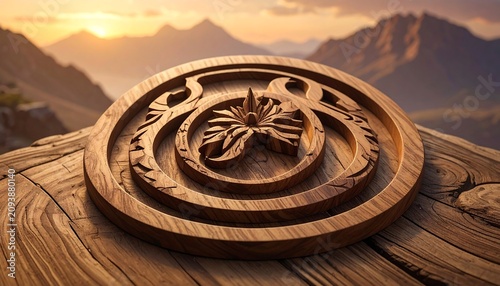 A wooden carving on a tree stump overlooking mountains at sunset