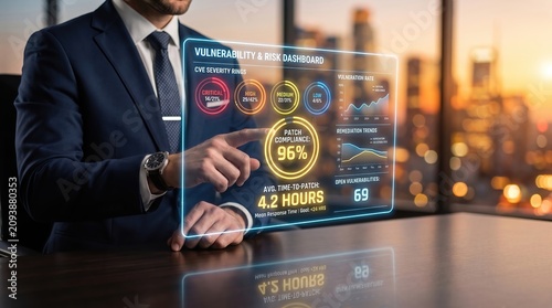 Cybersecurity vulnerability management dashboard operated by businessman hands through a glowing holographic interface displaying CVE risk analysis patch compliance security monitoring and threat 