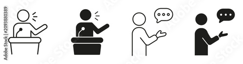 Public speaking icon set. Speaker, presentation, communication, speech, business meeting, and discussion symbols representing conferences, education, leadership, and professional communication.