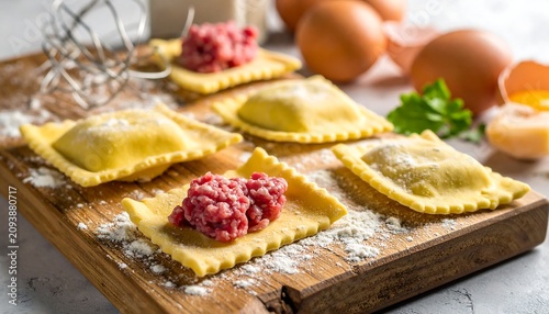 A wooden cutting board with homemade ravioli and ingredients