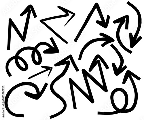 Hand drawn brush arrow icon set, black textured chalk doodle direction pointers curved spiral and zigzag arrows illustration on white background