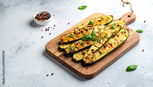 A wooden cutting board with grilled zucchinis