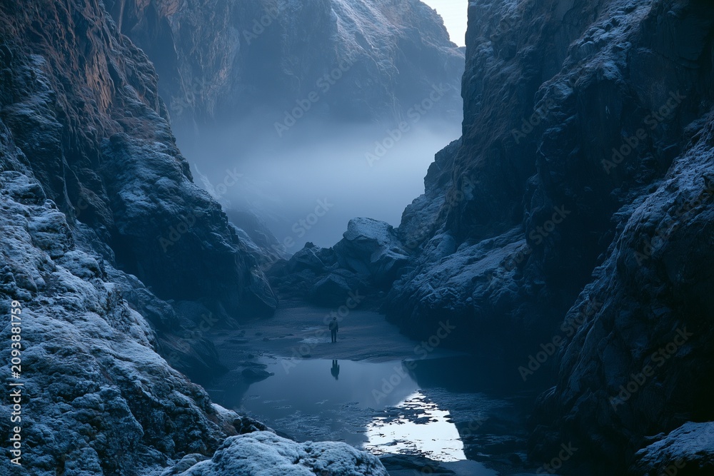 Fototapeta premium Lone Fisherman Silhouette on Frosted Fjord Rocks at Dawn