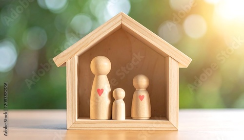 A wooden house with three human figures inside