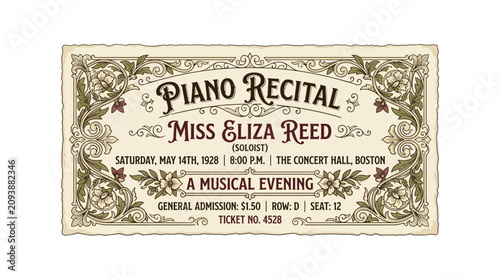 Vintage Piano Recital Ticket Invitation - Miss Eliza Reed