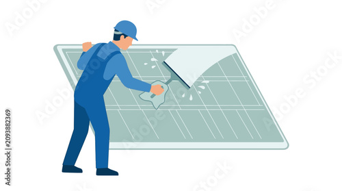 Worker cleaning solar panel with squeegee, renewable energy maintenance concept