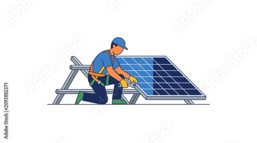 Worker installing solar panel on roof, renewable energy, sustainable future concept