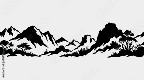 Photos Mountain range silhouette with trees and bushes