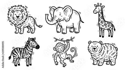 Photography Cute Wild Animals Vector Doodle Illustration Set: Hand Drawn Cartoon Safari and