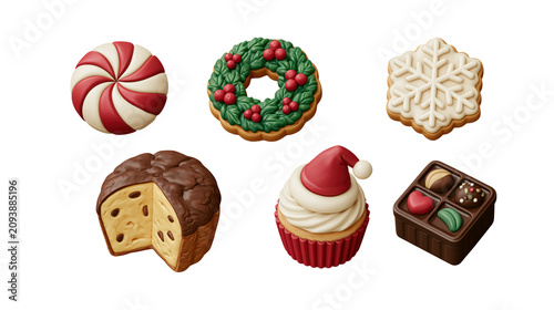 Appetizing christmas confectionery set featuring peppermint candy wreath cupcake and chocolate box isolated on transparent background for creative graphic design