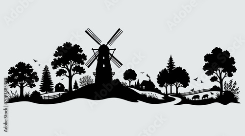 Bild auf Leinwand Rural landscape with windmill and farm