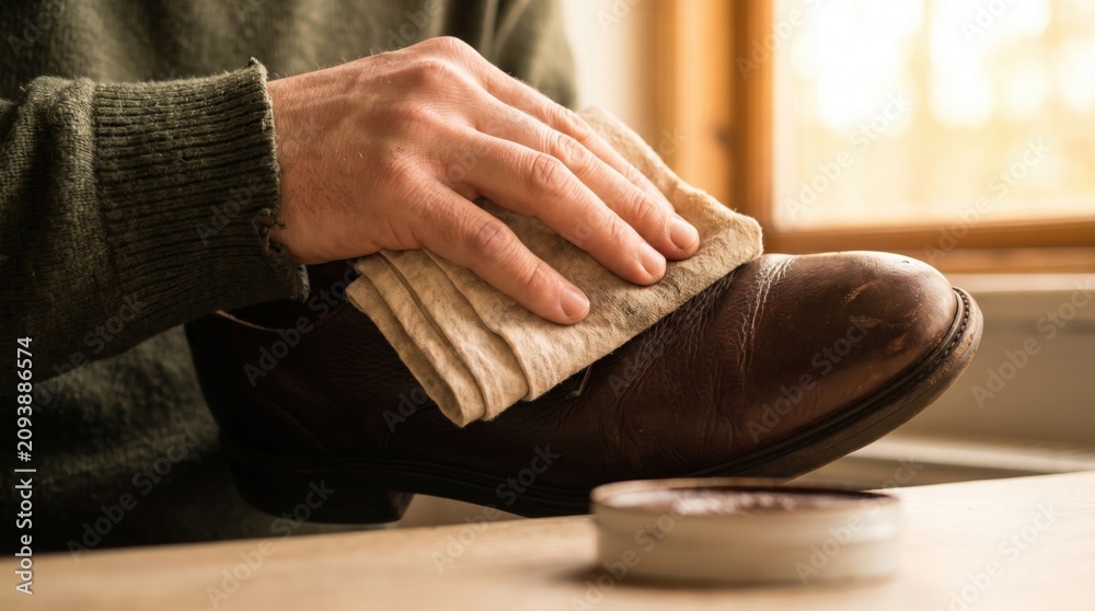 Fototapeta premium Hands using a beige cloth to meticulously polish and clean a dark brown leather dress shoe