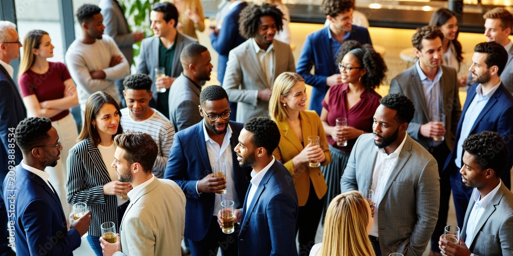 Fototapeta premium Diverse group of business people mingle at indoor event with drinks. Professional men, women network in modern office lobby during social mixer. Multicultural colleagues discuss work projects in