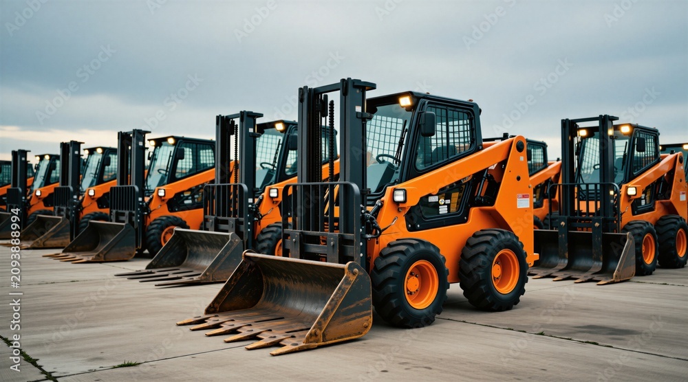 Fototapeta premium Orange skid steer loaders with forks stand in a row on a concrete surface. Heavy machinery line up shows construction equipment with attachments. Forklifts wait for work.