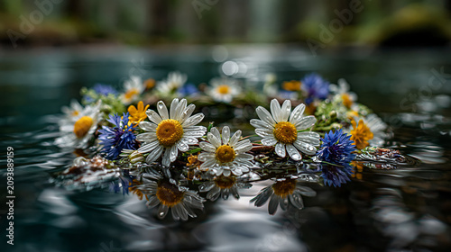 Traditional Mari flower wreath with white daisies and blue cornflowers floating on calm river water with mirror reflections at dusk