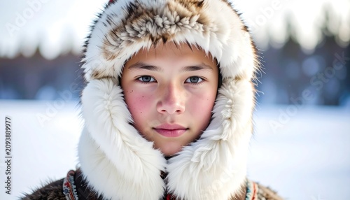 A young child in a fur-lined hood and coat looks directly at the camera with rosy cheeks