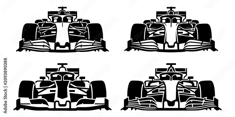 Obraz premium Formula 1 racing car front view vector silhouettes set