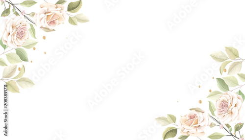 Beautiful watercolor floral frame with pink roses and green leaves on transparent background for wedding or valentines day decoration transparent background
