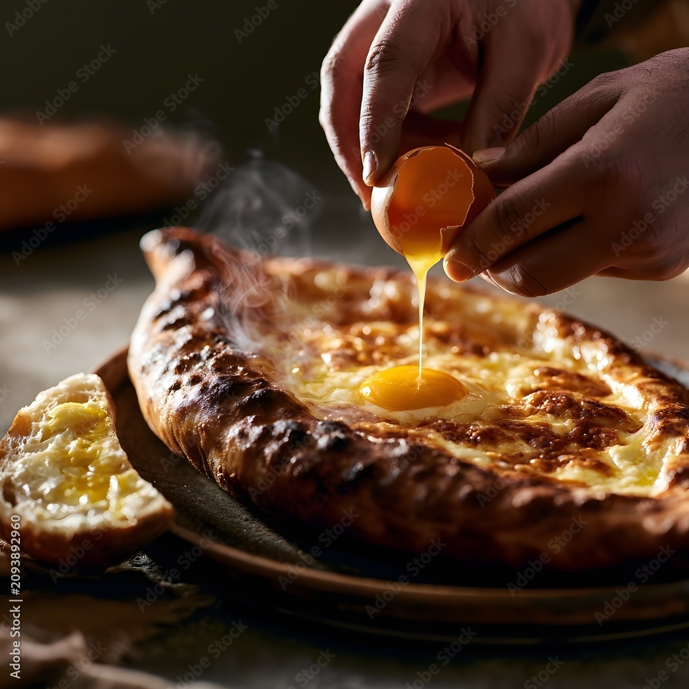 Fototapeta premium Hand cracking egg yolk into cheese-filled khachapuri bread
