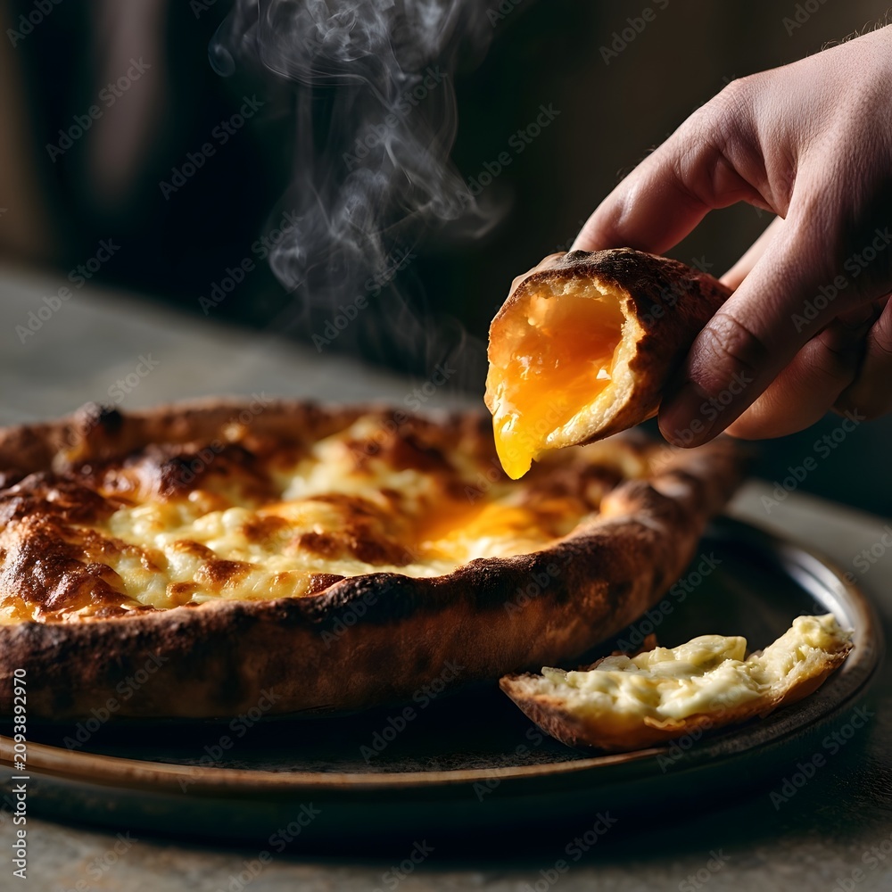 Fototapeta premium Golden khachapuri bread with melted cheese and raw egg yolk