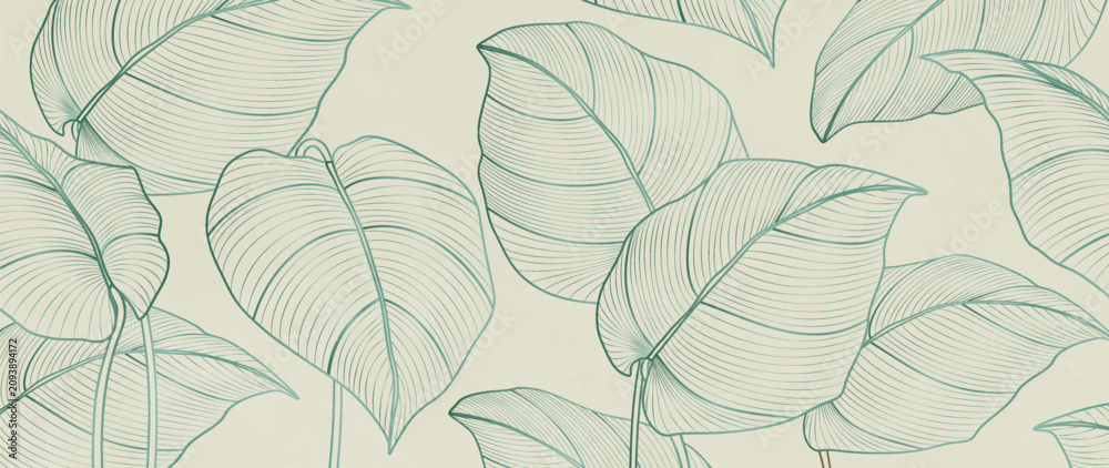 Fototapeta premium Luxury art background with exotic leaves in line style. Botanical banner for decor, prints, textiles, posters, interiors, and wallpaper.
