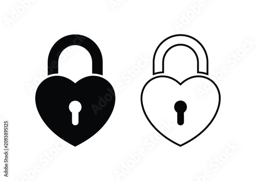 Billede på lærred Heart-Shaped Lock Duo: A black heart-shaped padlock stands beside its outline counterpart, symbolizing love, security, and protection in a stylized graphic