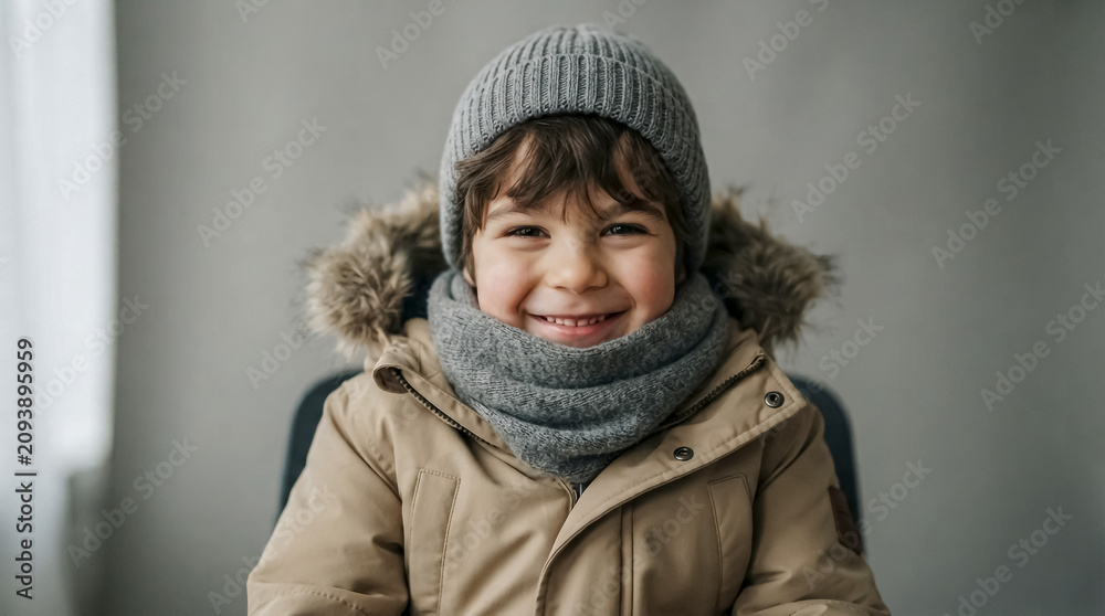 Fototapeta premium Smiling child wearing winter hat, scarf, and coat